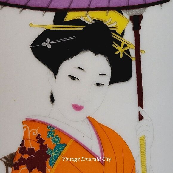 Japanese Geisha Girl Tea Cup Ceramic Painted Design Coffee Mug Gold Trim Orange - Picture 5 of 13